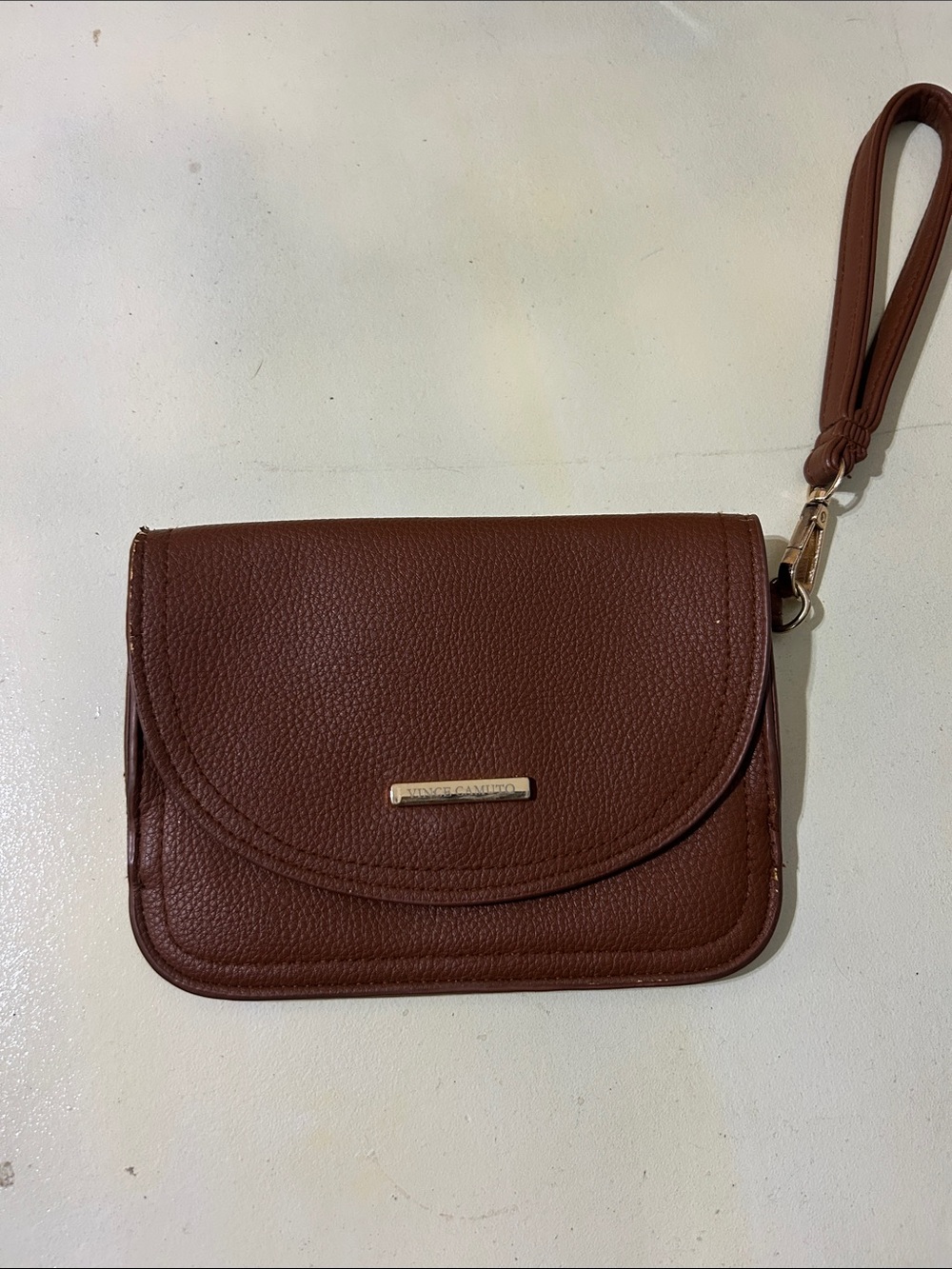 Vince Camuto Chestnut Brown Pebbled Leather Wristlet Clutch with Gold Hardware